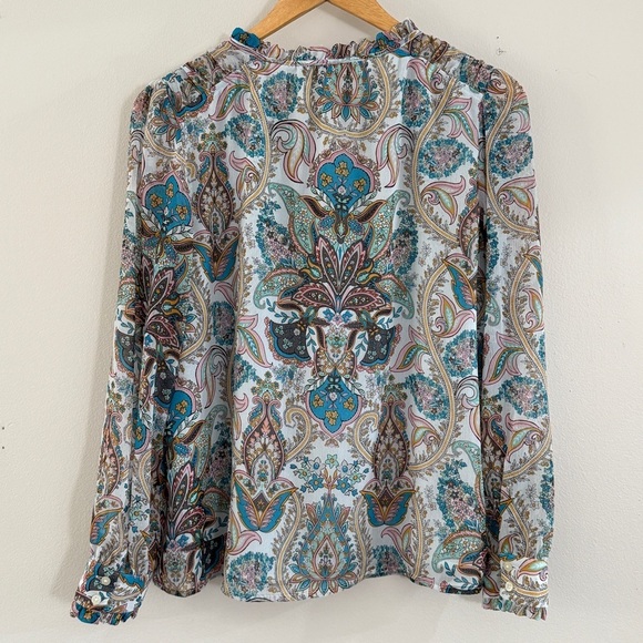 LOFT Paisley Tie Blouse Ruffle Trim Teal Aqua Small - Picture 9 of 11